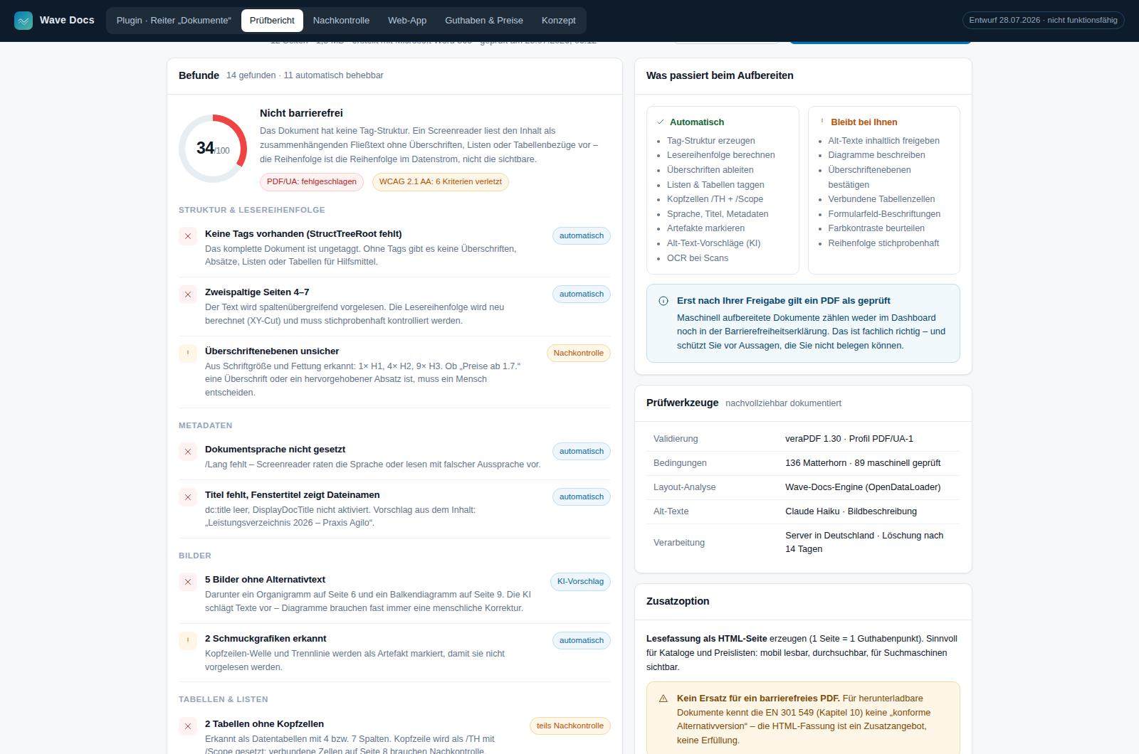 Libration Docs, passo «Verificare»: il rapporto di verifica di un PDF con i rilievi veraPDF, il punteggio e i riferimenti