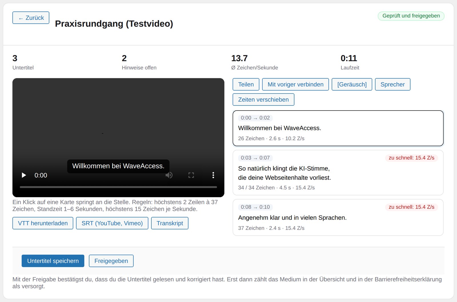 Untertitel-Editor von Libration Media: Videovorschau links, rechts die Untertitel-Karten mit Prüfhinweisen