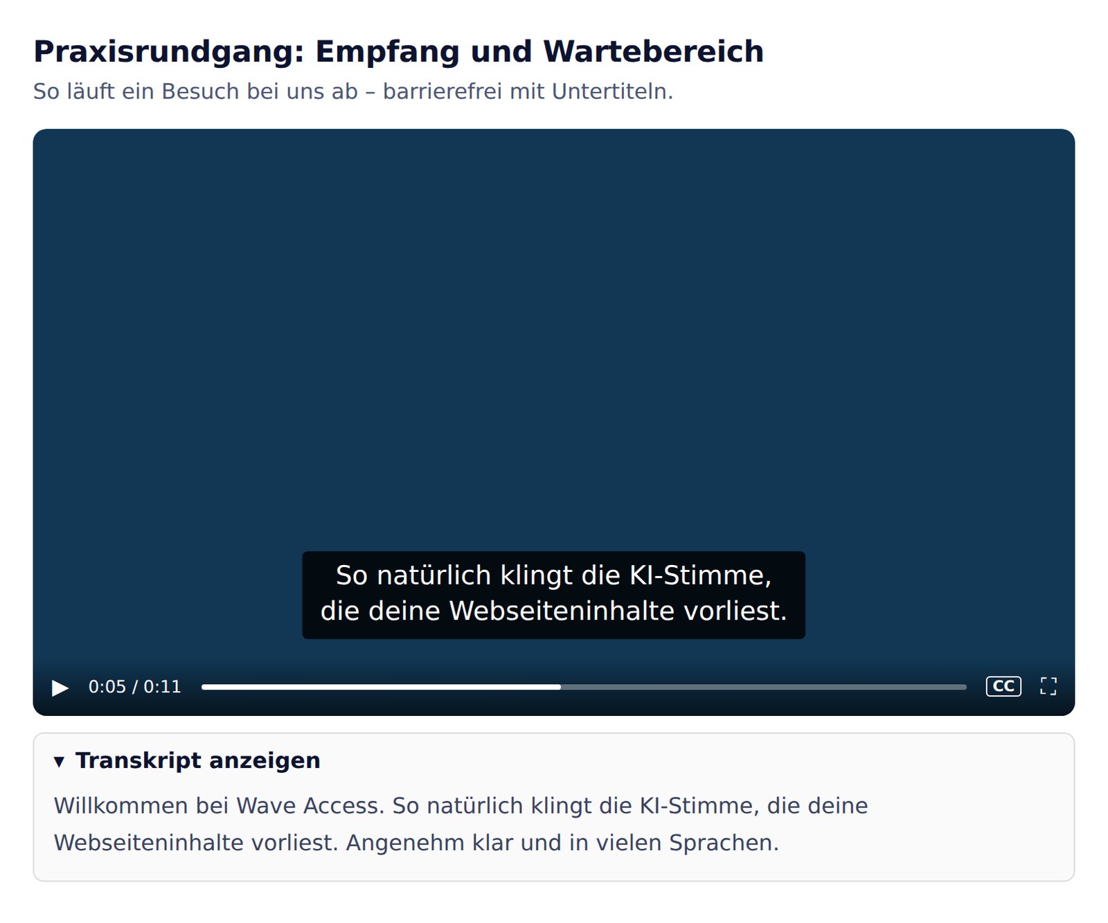 Video auf der Website mit eingeblendetem Untertitel und aufgeklapptem Transkript darunter