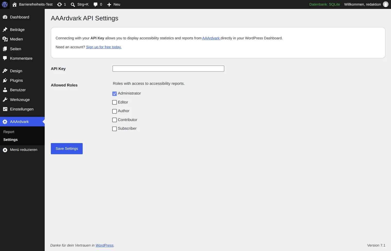 The settings page of AAArdvark shows an empty input field for an API key and a list of failure types that can be included in the report.