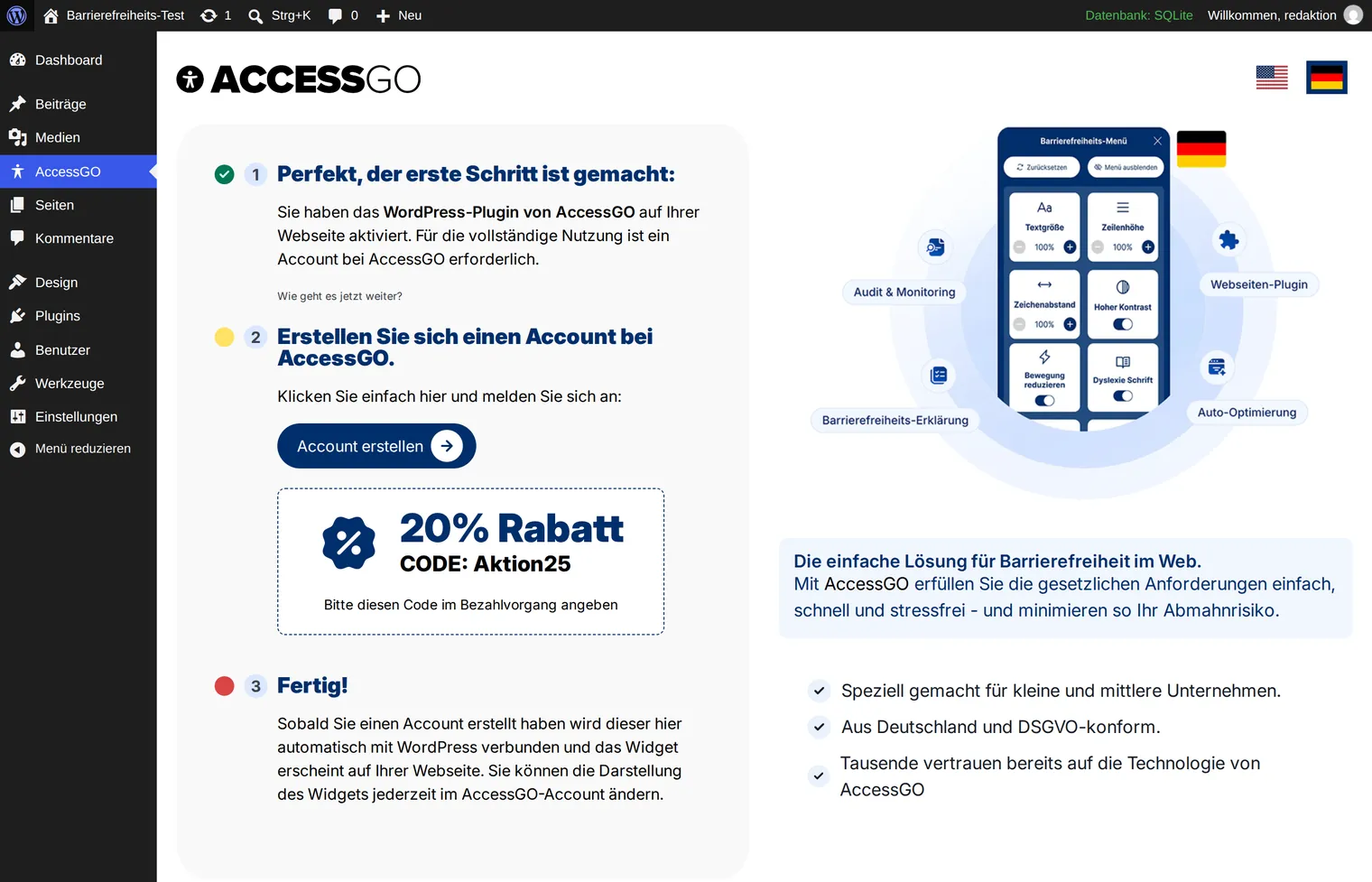 The setup page of AccessGO shows three numbered steps, among them creating an account with the vendor, plus a box with a 20 per cent discount code.