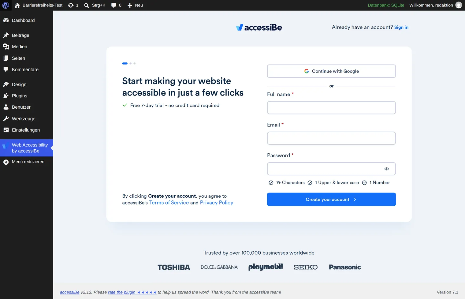 The settings area of Web Accessibility by accessiBe shows a registration form with fields for full name, email and password, the heading “Start making your website accessible in just a few clicks” and a note about a free seven-day trial.