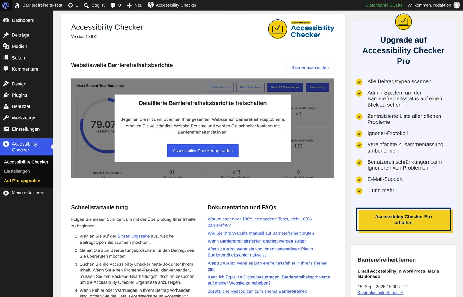 The overview page of Accessibility Checker by Equalize Digital shows a score of 79 per cent for the test site, a list of the failure types found, and a panel about the Pro version on the right.