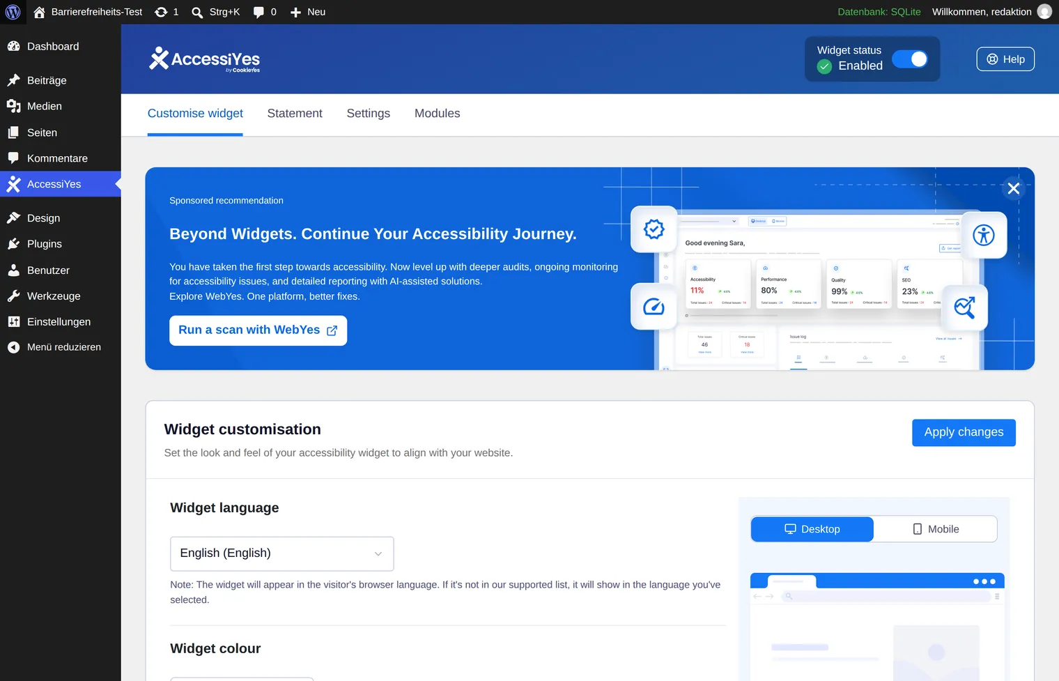 The settings page of AccessiYes shows a wide panel about the vendor’s website scan at the top and, below it, the widget customisation with a choice of language and colour.