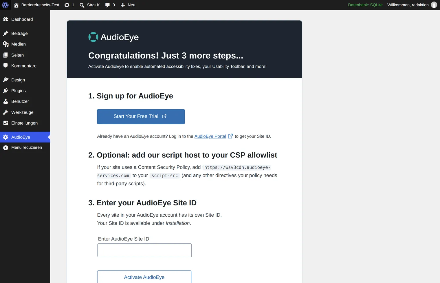 The settings area of Accessibility by AudioEye shows a three-step guide: sign up for AudioEye, add the script host to the content security policy, enter the AudioEye site ID.
