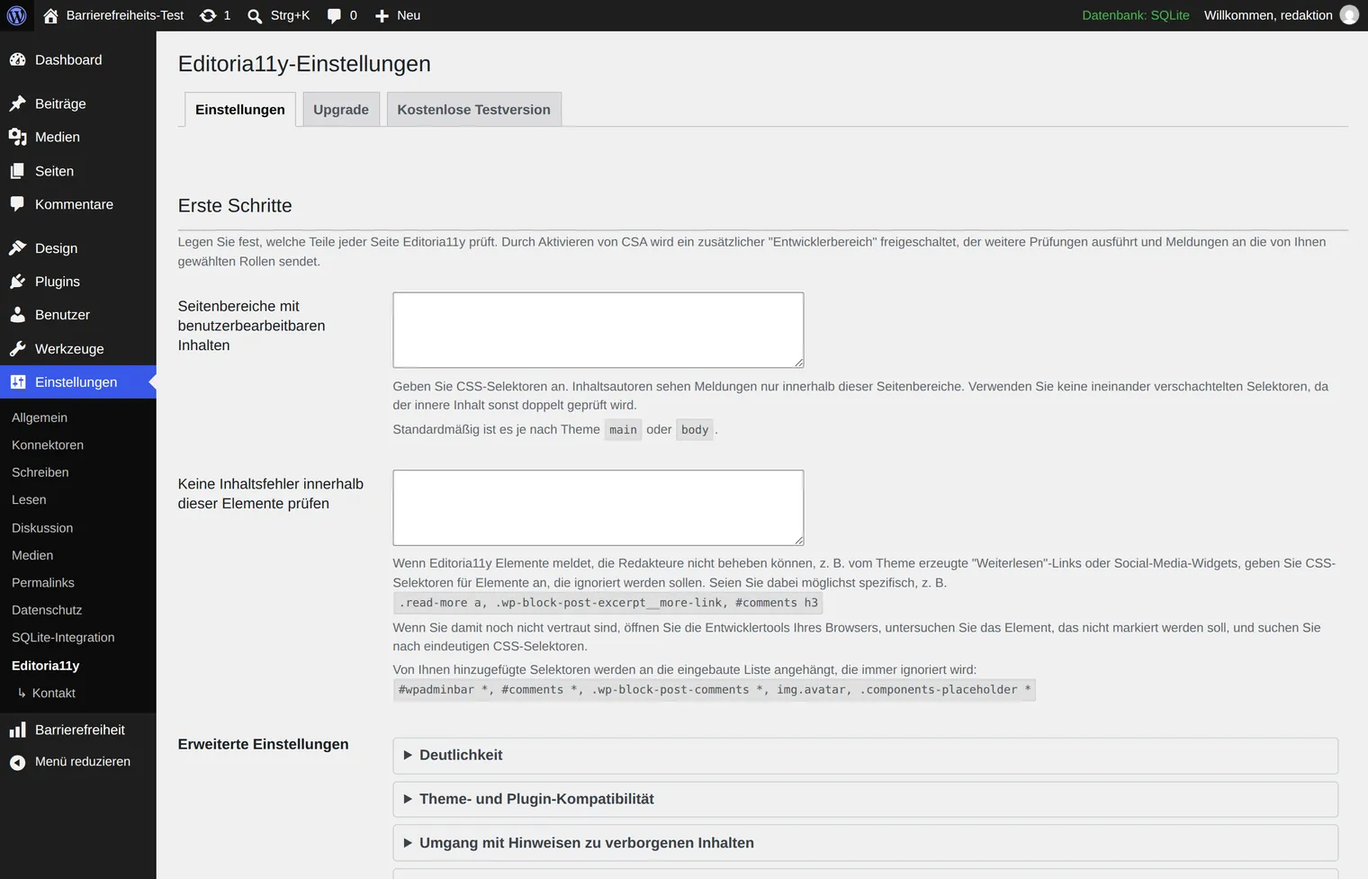 The settings page of Editoria11y shows fields for the areas of the page to be checked, entries for content types, and collapsible advanced settings.