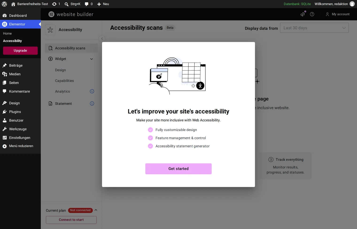 The settings area of Web Accessibility at Elementor shows a dialogue headed “Let’s improve your site’s accessibility” with three checkable items for a fully customisable widget, issue management and an accessibility statement.