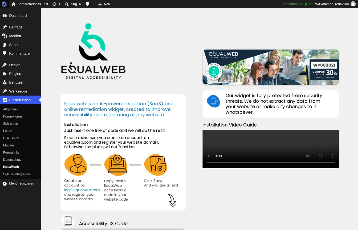 The settings area of Equalweb Accessibility shows an installation guide with three icons and the note that an account must first be created on equalweb.com, because the plugin will not function otherwise.