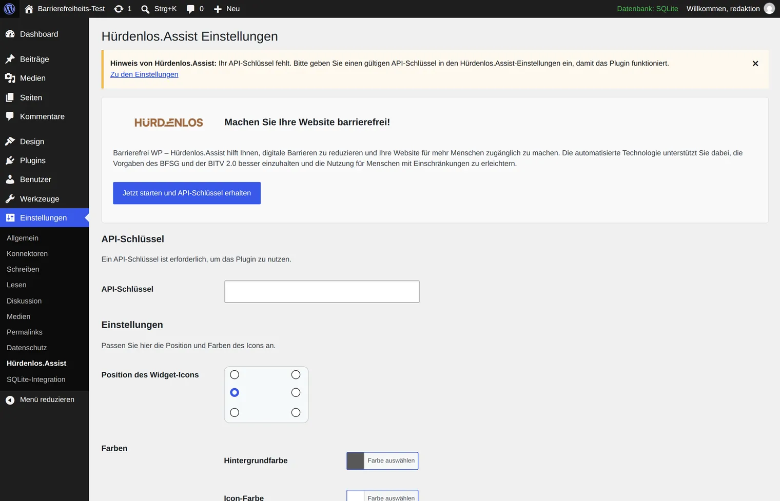 The settings page of Hürdenlos.Assist shows a notice box at the top and below it an empty input field for the API key, followed by settings for the position and colour of the widget.