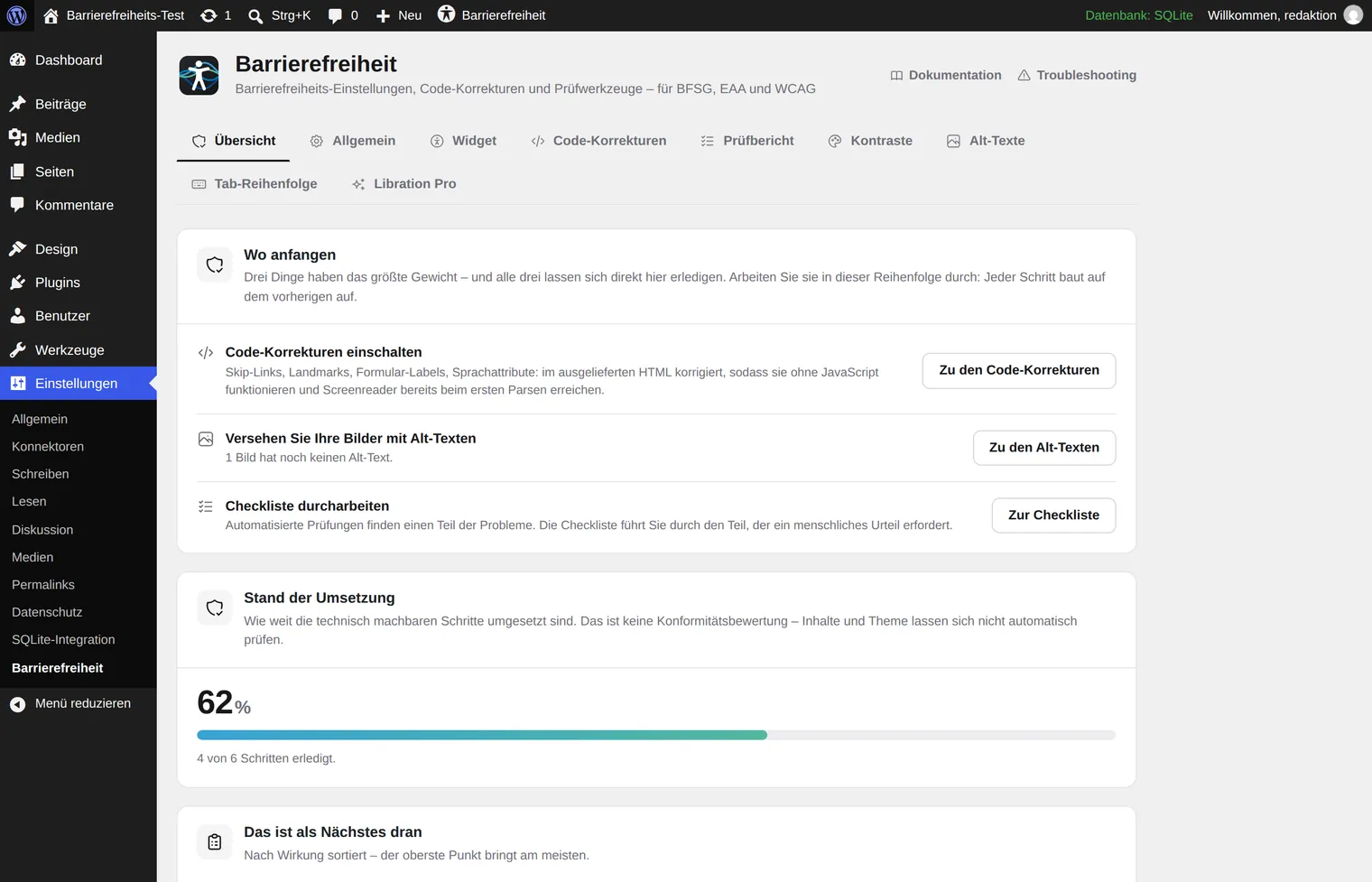The settings page of Libration Accessibility shows tabs for overview, general, widget, code fixes, profile page and read-aloud, along with a progress bar at 62 per cent.