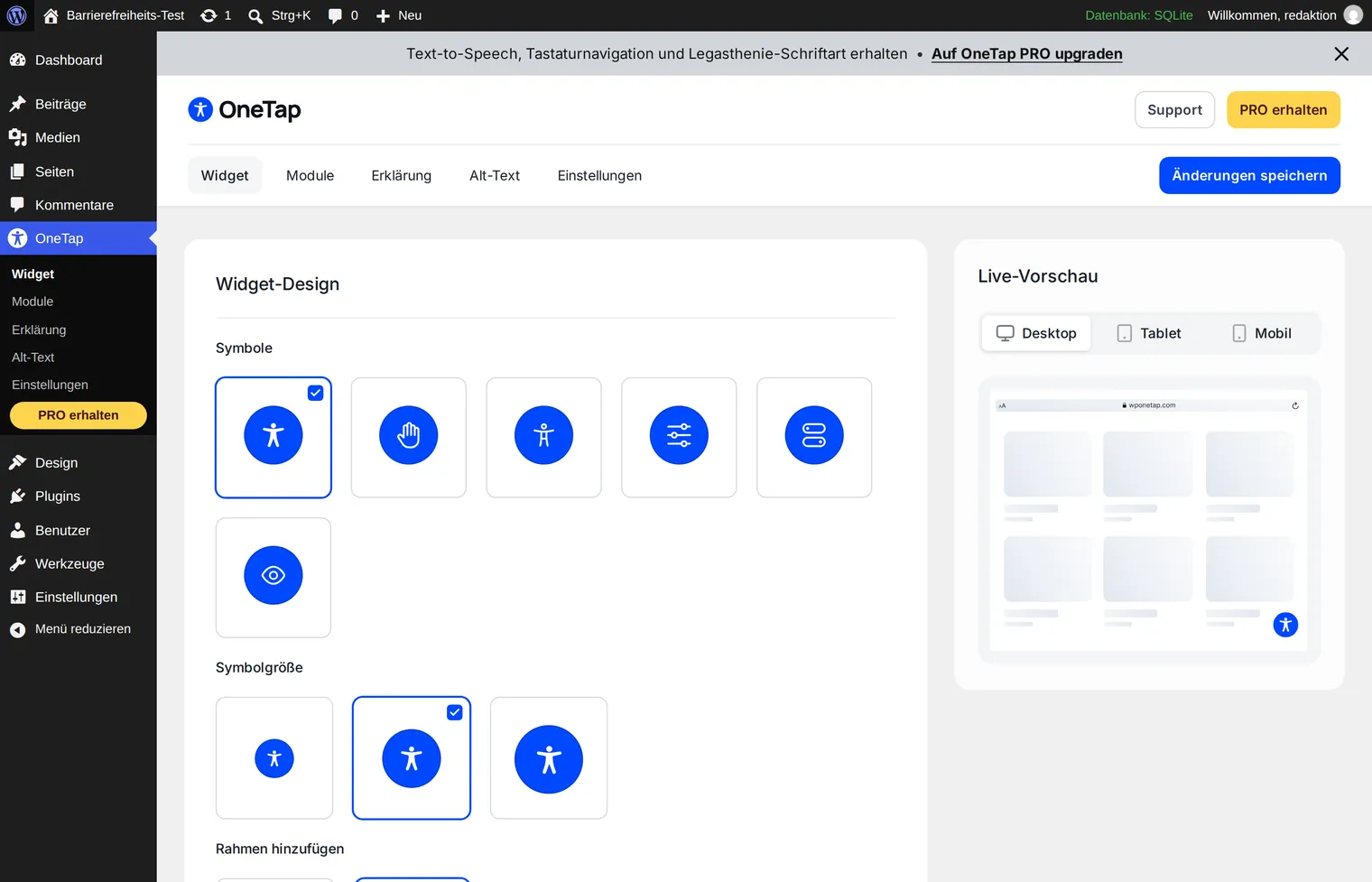 The settings page of OneTap shows a choice of icons for the widget button on the left and a live preview on the right with toggles for desktop, tablet and mobile.