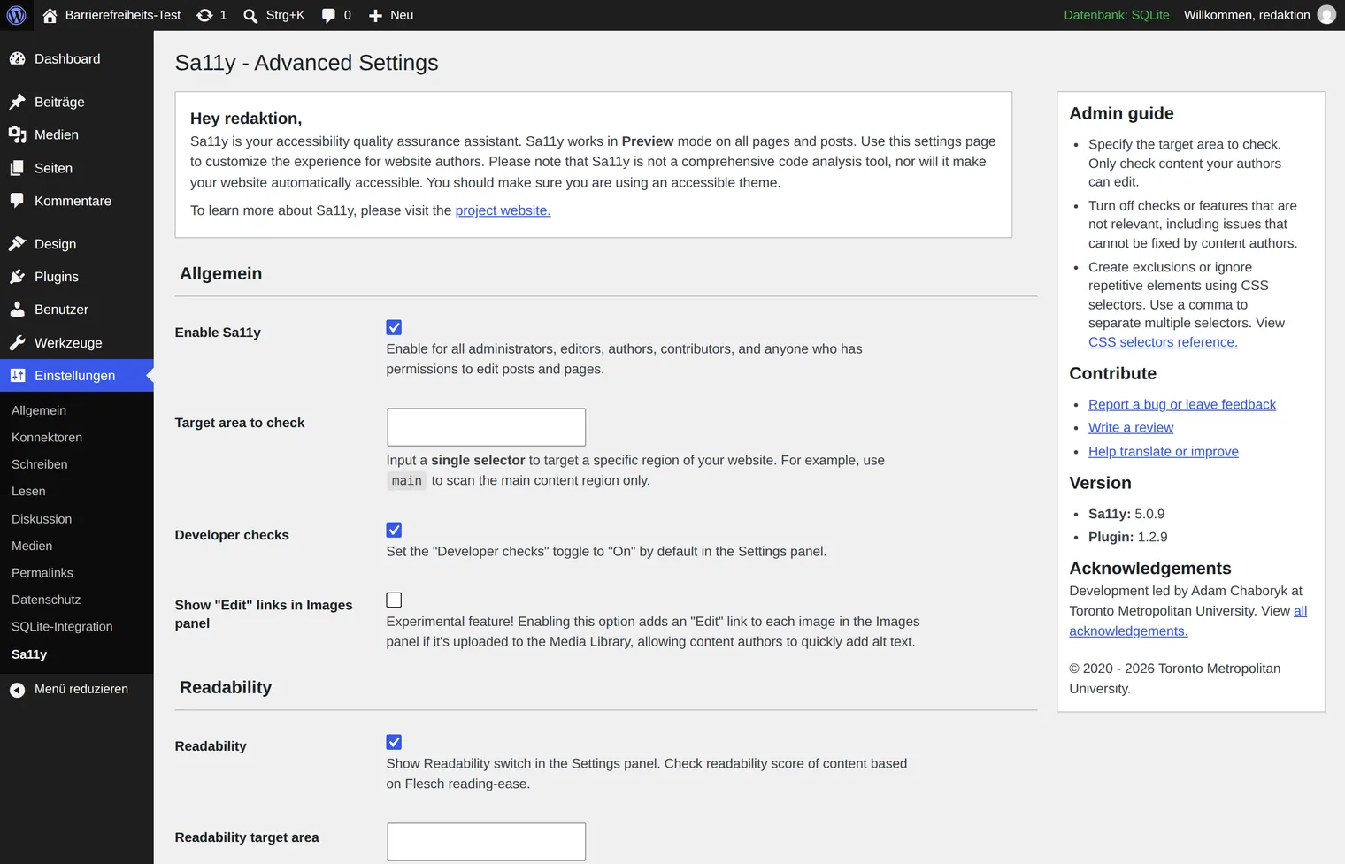 The settings page of Sa11y shows checkboxes for user roles, the area to be checked, developer checks and the readability analysis.
