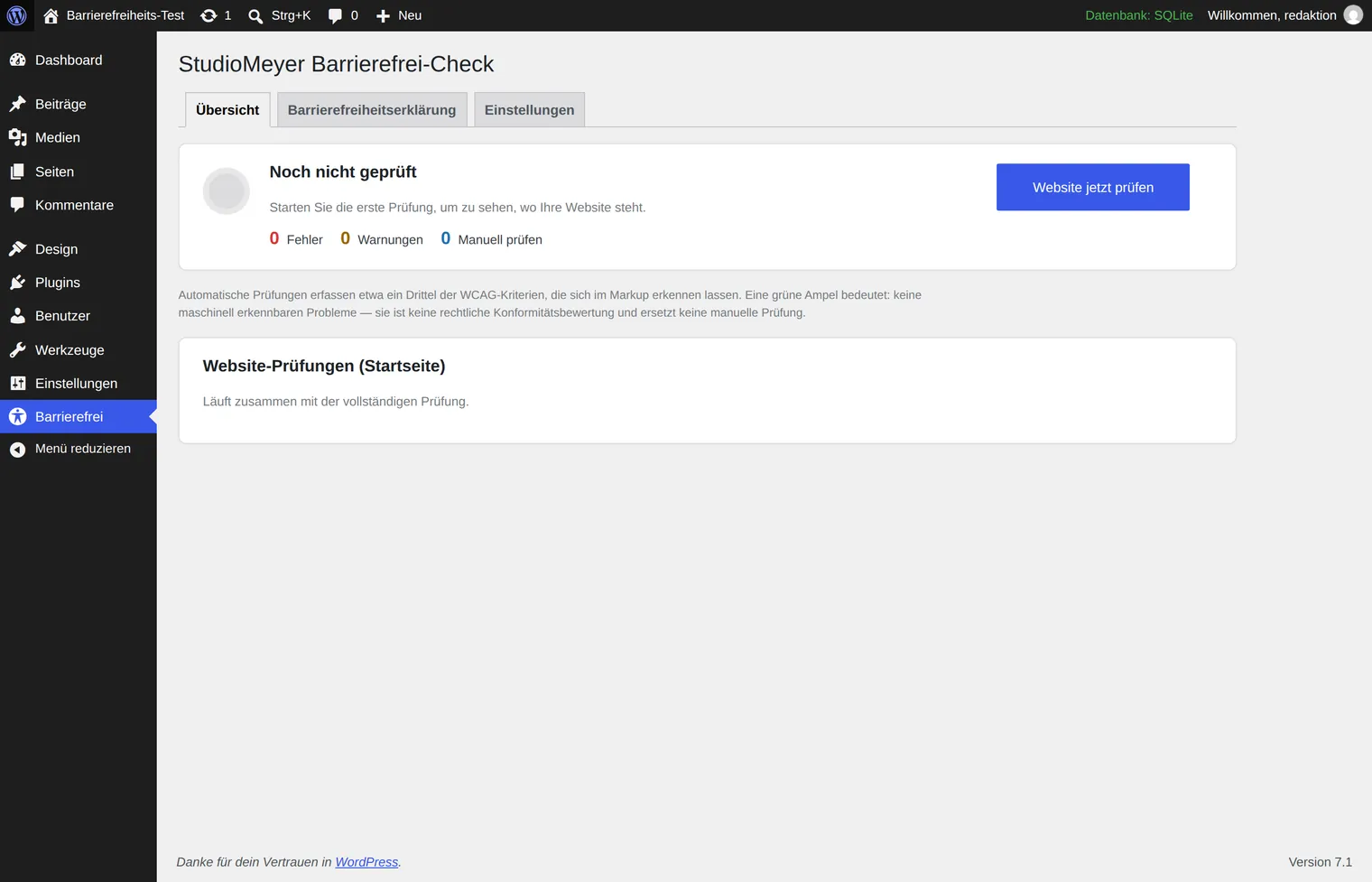 The overview page of the StudioMeyer Barrierefrei-Check shows the message “not yet checked” and a button to start testing the home page.