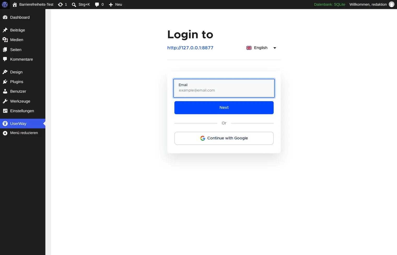 The settings area of Accessibility by UserWay shows a sign-in screen headed “Login to”, with an email field, a Next button and the option to continue with a Google account.