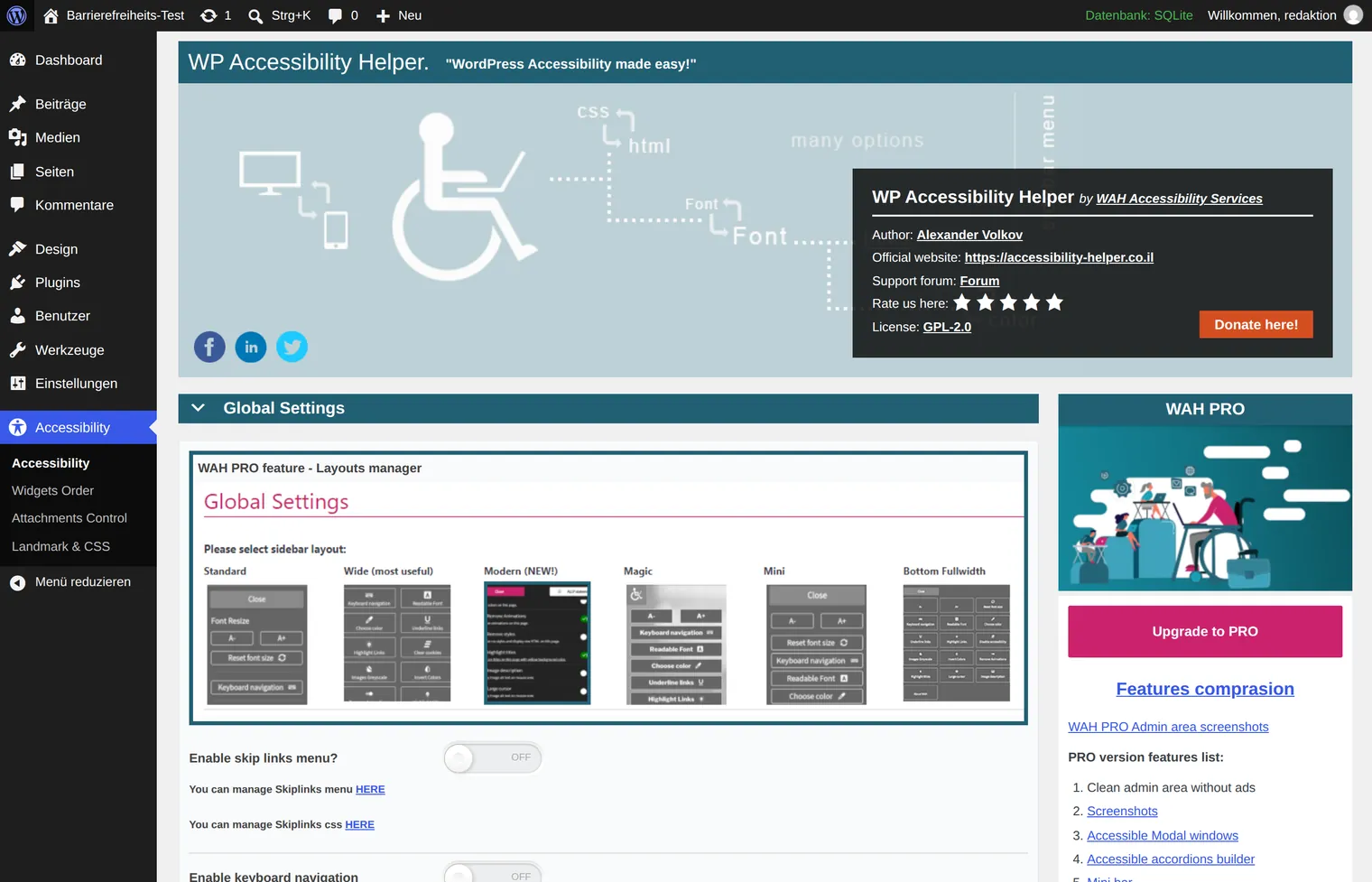 The settings page of WP Accessibility Helper shows a wide vendor banner at the top, the global settings on the left and several coloured panels about the Pro version on the right.
