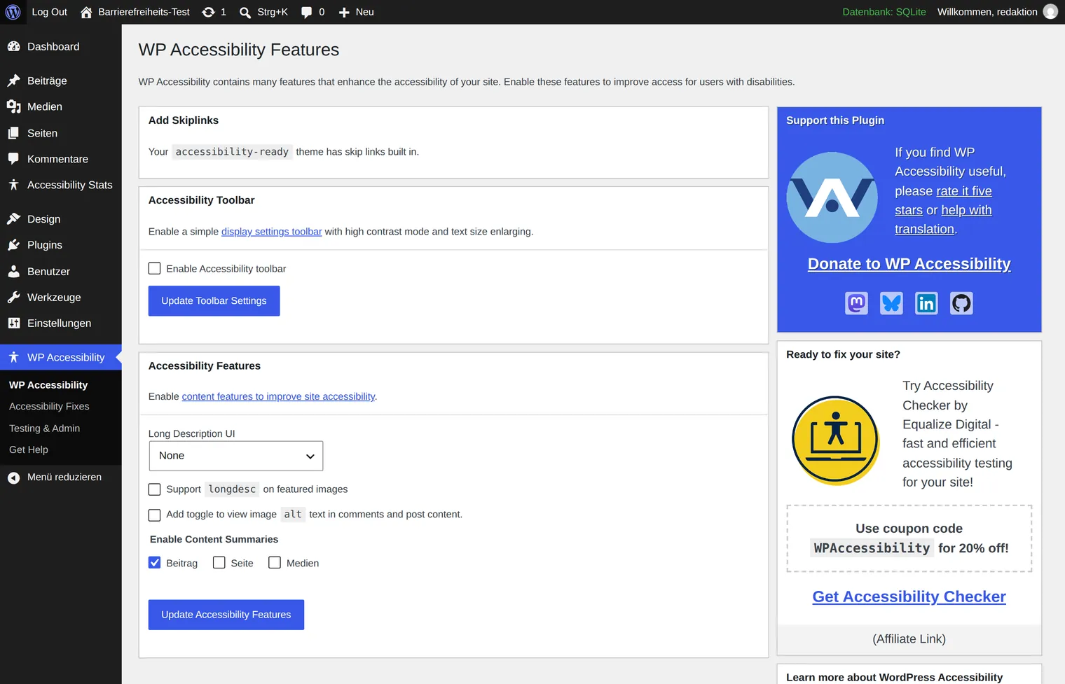The settings page of WP Accessibility shows a list of individually switchable features such as skip links, enforced alternative text and a toolbar, each with a checkbox.