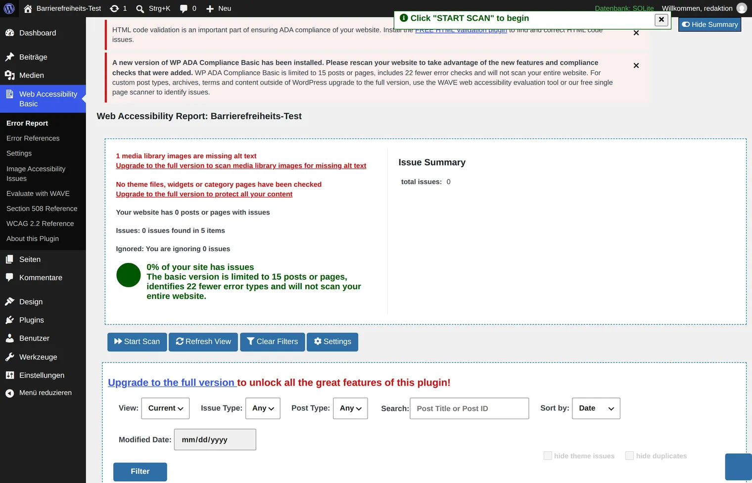 The report from WP ADA Compliance Check Basic shows the failures found on the test site, with several notices about the paid full version highlighted in red between them.